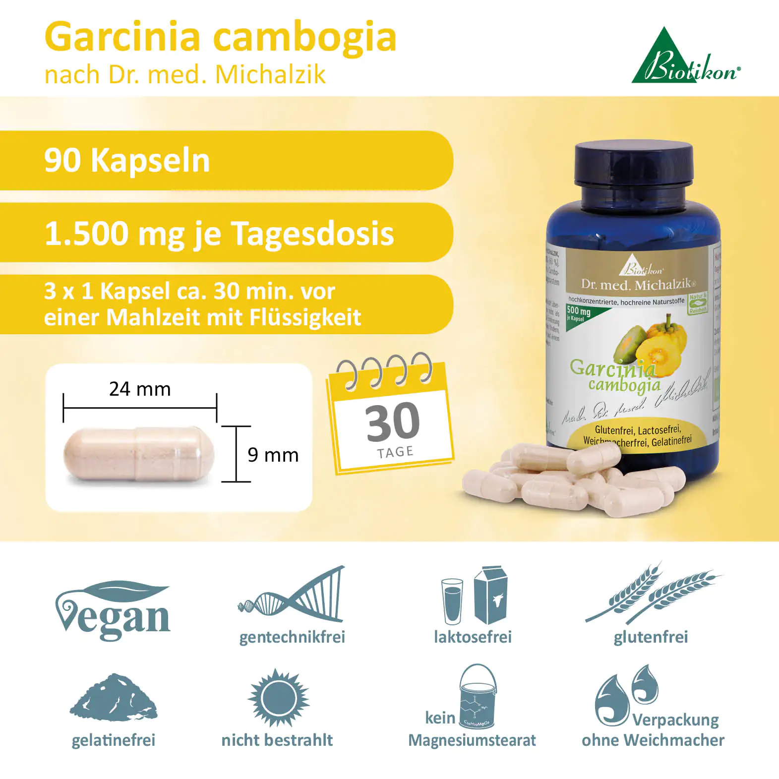 Garcinia cambogia 1500 mg – 90 Kapseln Garcinia cambogia Kapseln in einer blauen Flasche, 90 Stück, 1500 mg pro Tagesdosis. Verpackung mit gelbem Hintergrund.