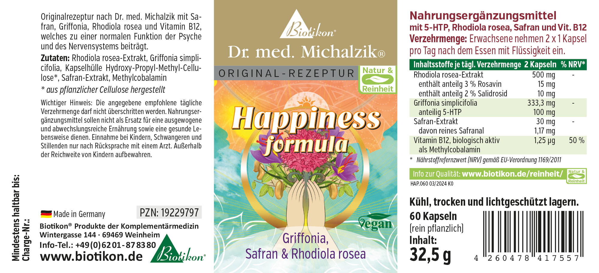 Happiness Formula – 60 Kapseln Nahrungsergänzungsmittel in einer Verpackung, enthält 60 Kapseln zur Unterstützung der Psyche, vegan, farbenfroh gestaltete Verpackung.