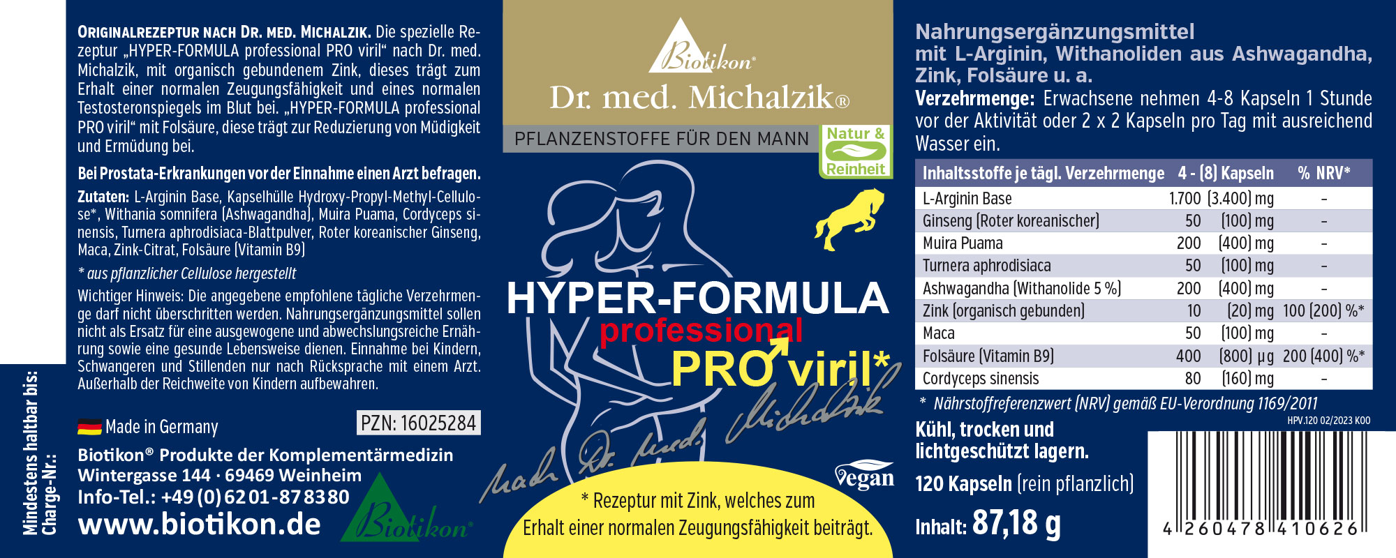 Hyper-Formula professional PRO viril – 120 Kapseln Nahrungsergänzungsmittel in blauer Verpackung, 120 pflanzliche Kapseln, für Männer, mit L-Arginin und Zink.