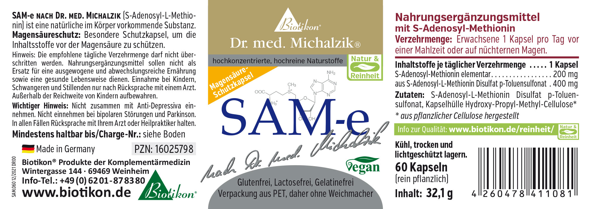 SAM-e 200 mg – Kapseln Nahrungsergänzungsmittel SAM-e in einer Verpackung mit 60 veganen Kapseln, farbig und informativ gestaltet.