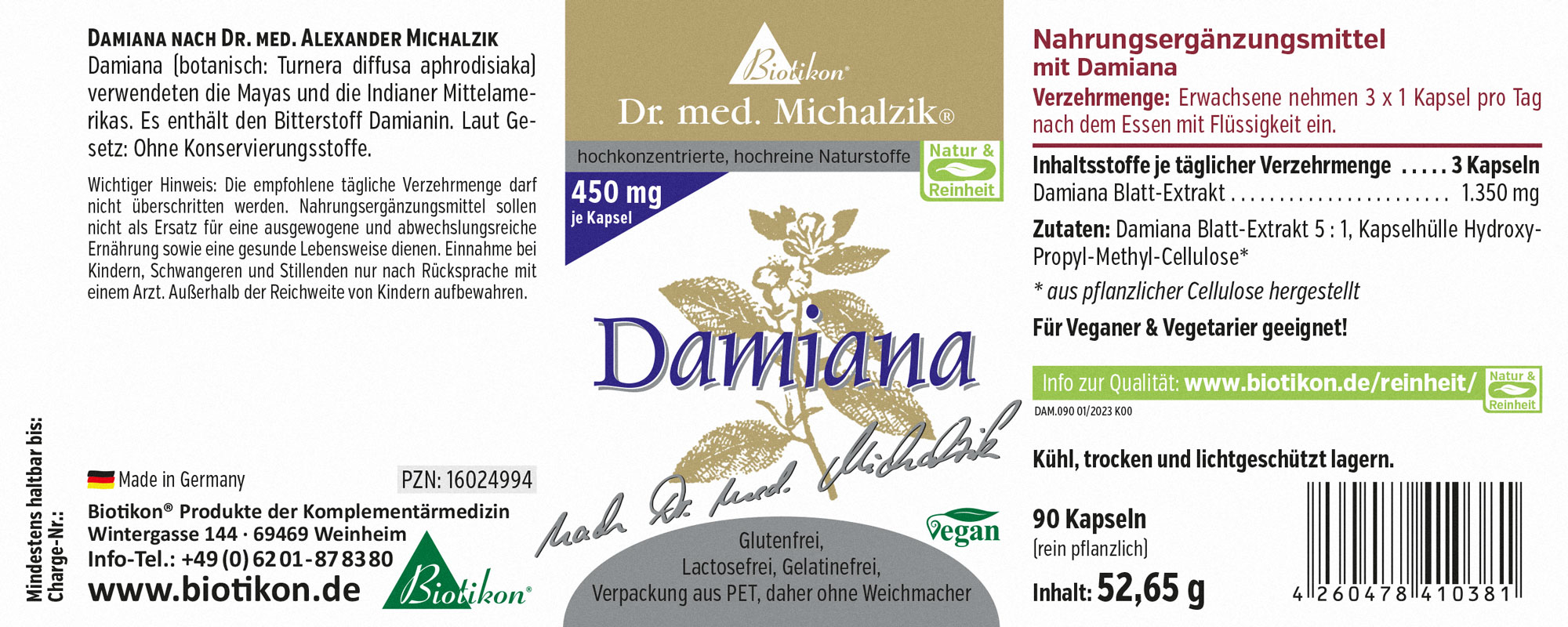Damiana 450 mg – Kapseln Damiana Nahrungsergänzungsmittel in Kartonverpackung, 90 vegane Kapseln, grün-weiße Farbgestaltung, seitliche Perspektive.