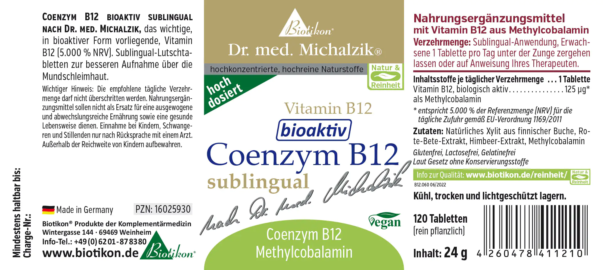 Coenzym B12 125 µg – Sublingual-Tabletten Sublingual-Tabletten mit Coenzym B12, 120 Stück, in einer weißen Verpackung, Vorderansicht.