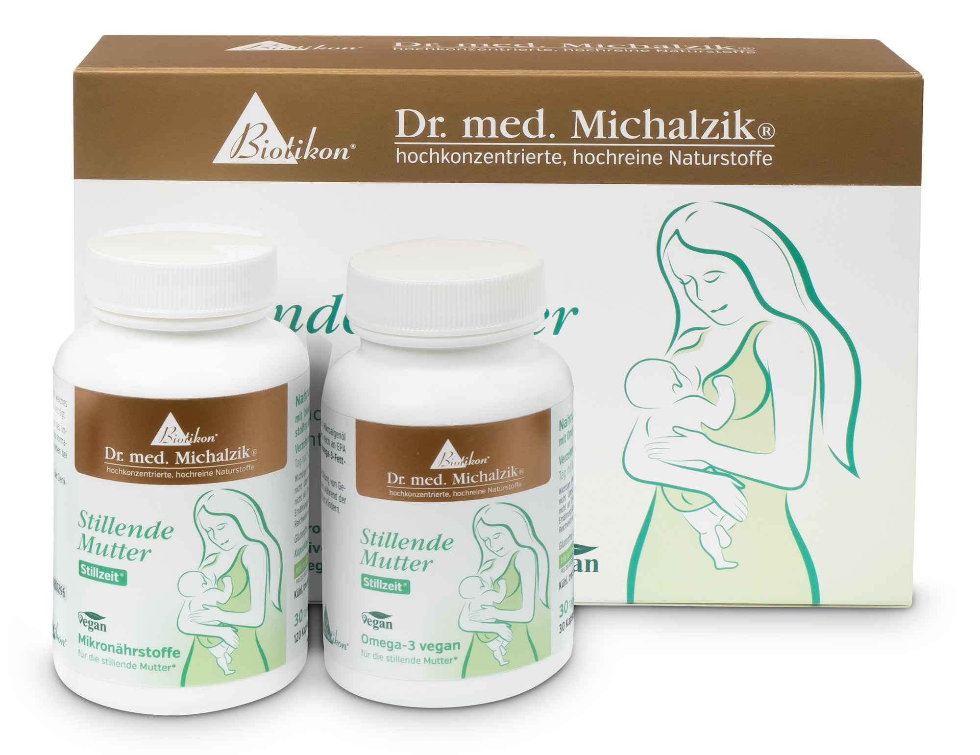 Mikronährstoffe Stillende Mutter – 30 Kapseln Zwei Flaschen Nahrungsergänzungsmittel für stillende Mütter, 30 Kapseln pro Flasche, weiß mit braunen Etiketten, Verpackung im Hintergrund.