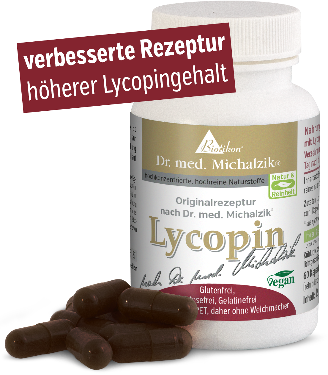 Lycopin Kapseln – 60 Stück Lycopin Kapseln in einer weißen Flasche, 60 Kapseln, dunkelbraun, vegan.