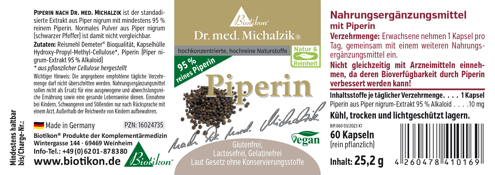Piperin 10 mg – Kapseln Nahrungsergänzungsmittel Piperin in 60 veganen Kapseln, schwarz, mit grüner Verpackung.