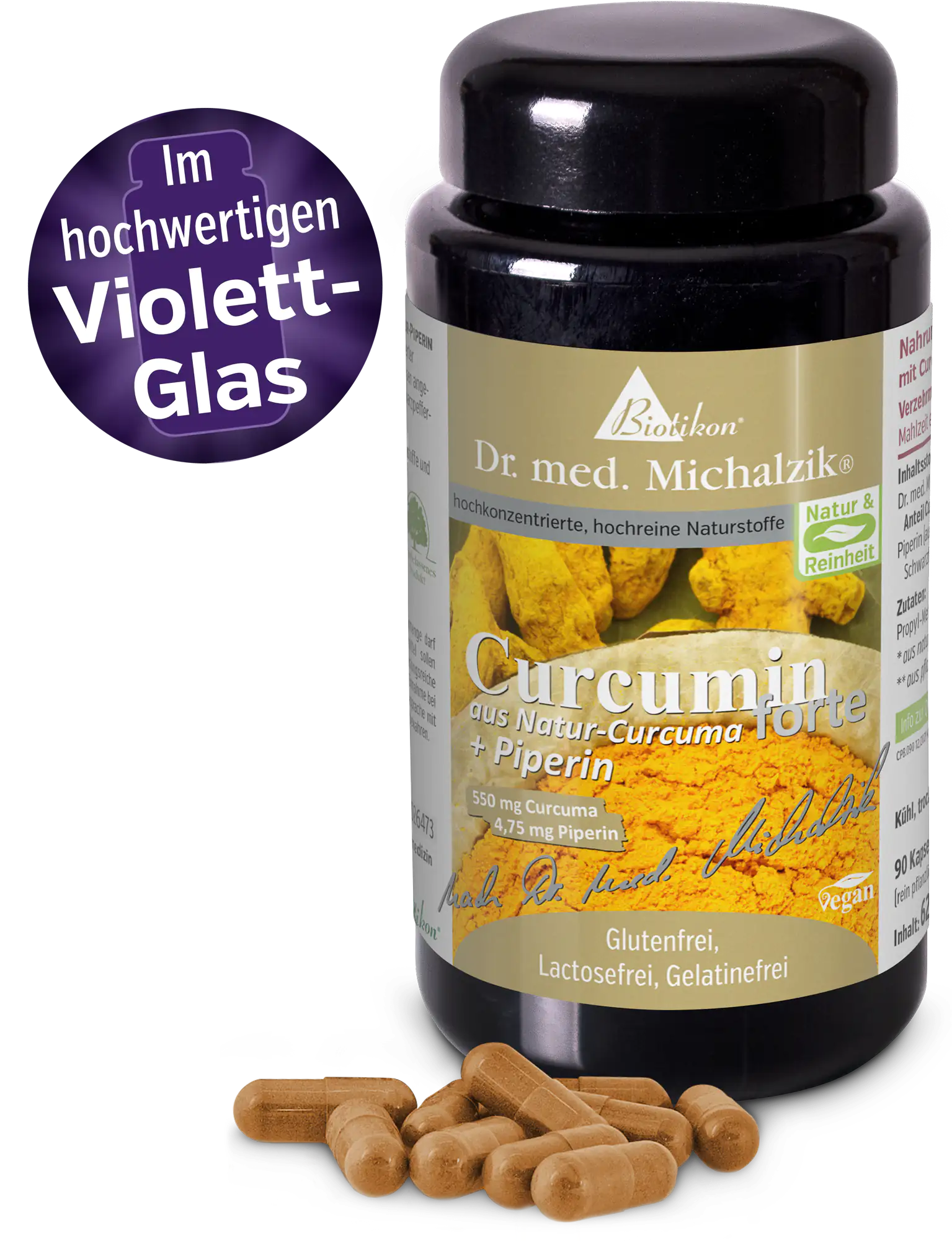 Curcumin aus Natur-Curcime + Piperin-Dose im hochwertigen Violettglas Curcumin aus Natur-Curcuma, 90 Kapseln in dunklem Glasbehälter, vegan.