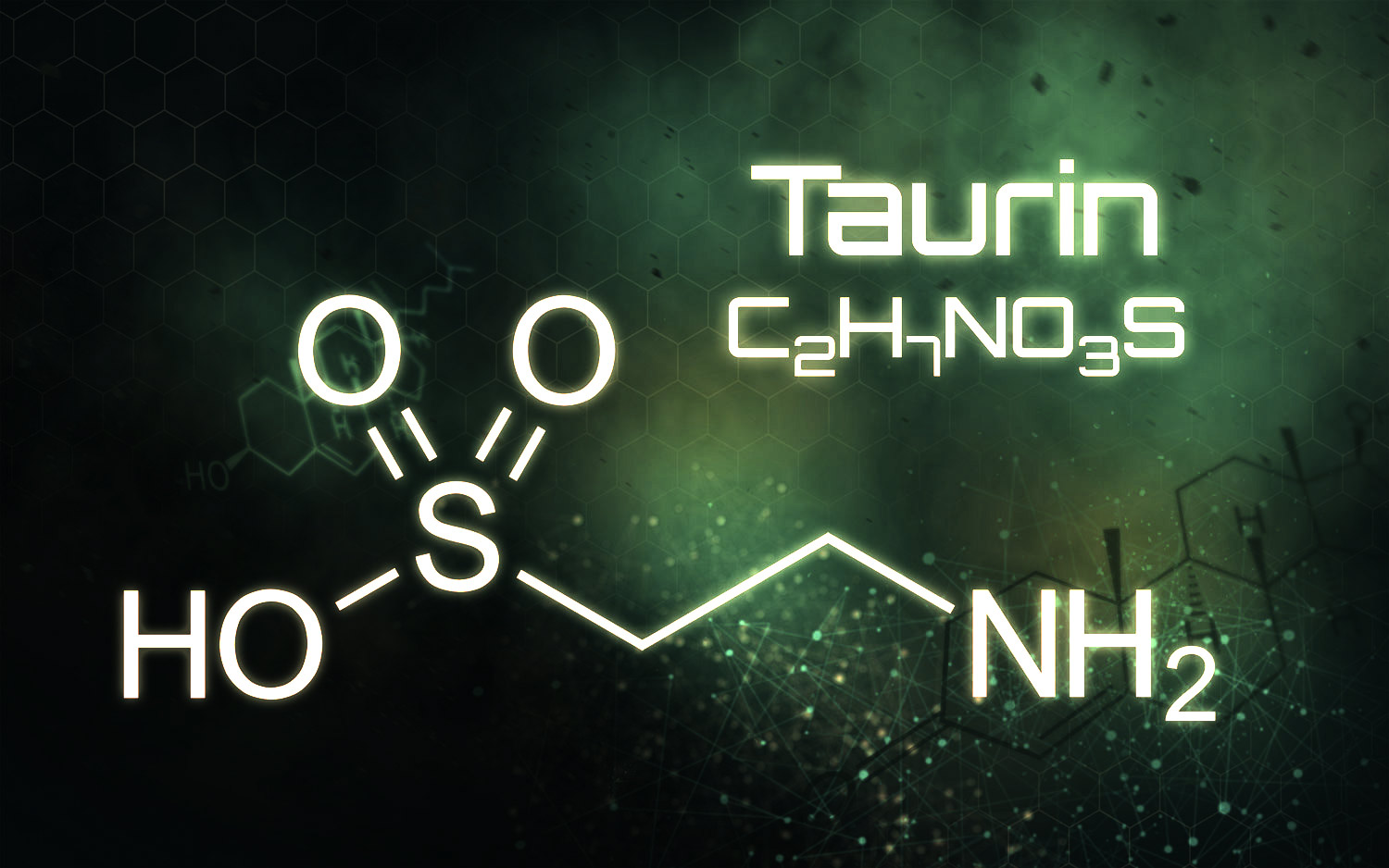 Visuelle Darstellung der chemischen Struktur von Taurin, mit chemischen Formeln und auf hellem Hintergrund.