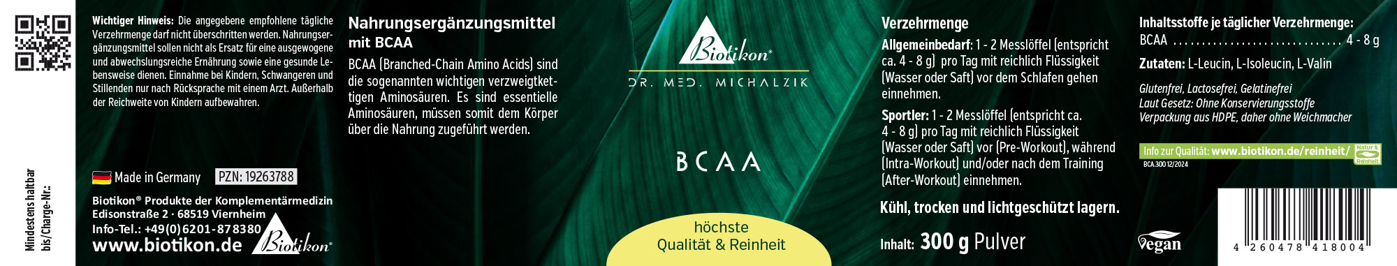 BCAA Pulver – 300 g Nahrungsergänzungsmittel BCAA in Pulverform, 300 g, grüne Verpackung, von vorne betrachtet.