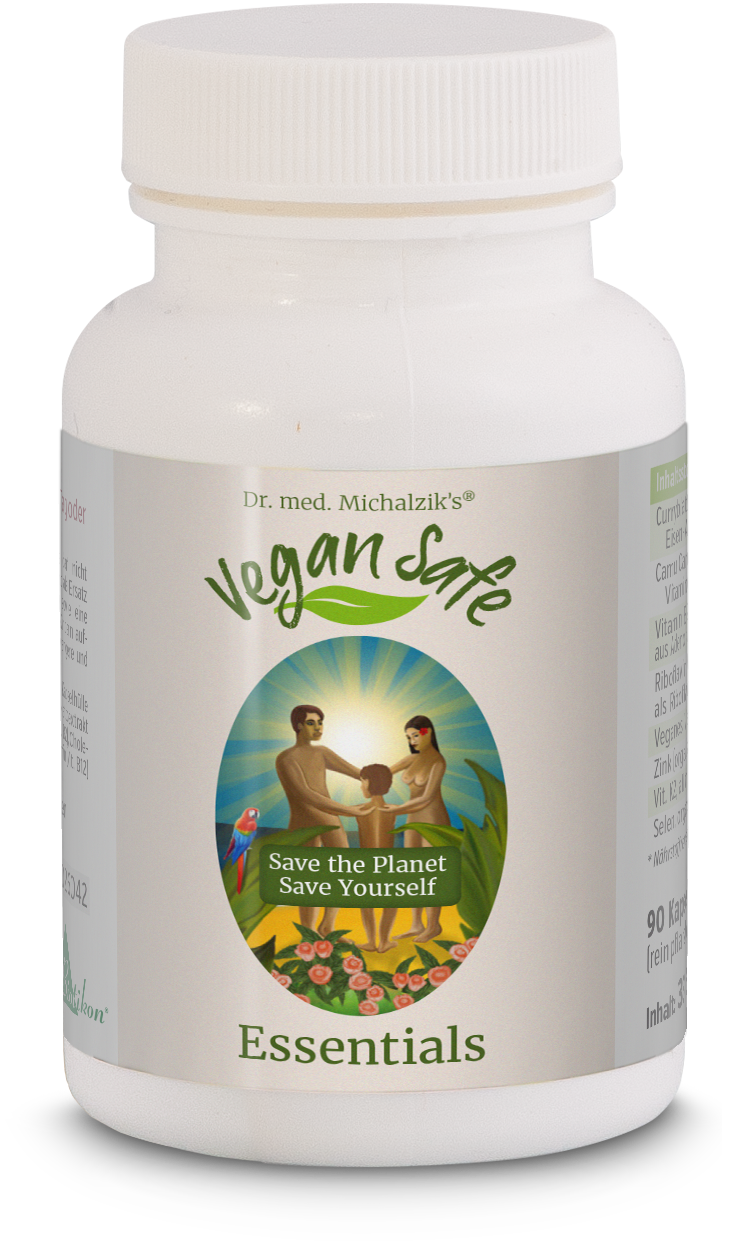 Vegan Safe Essentials – 90 Kapseln Vegan Safe Essentials in einer weißen Kapsel-Flasche mit 90 Kapseln, vorne mit buntem Etikett und Illustration einer Familie.