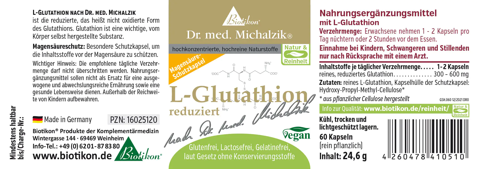 L-Glutathion 300-600 mg – 60 Kapseln L-Glutathion Nahrungsergänzungsmittel in Kapseln, 60 Stück, vegane Magensäure-Schutzkapseln, Verpackung in deutscher Sprache.
