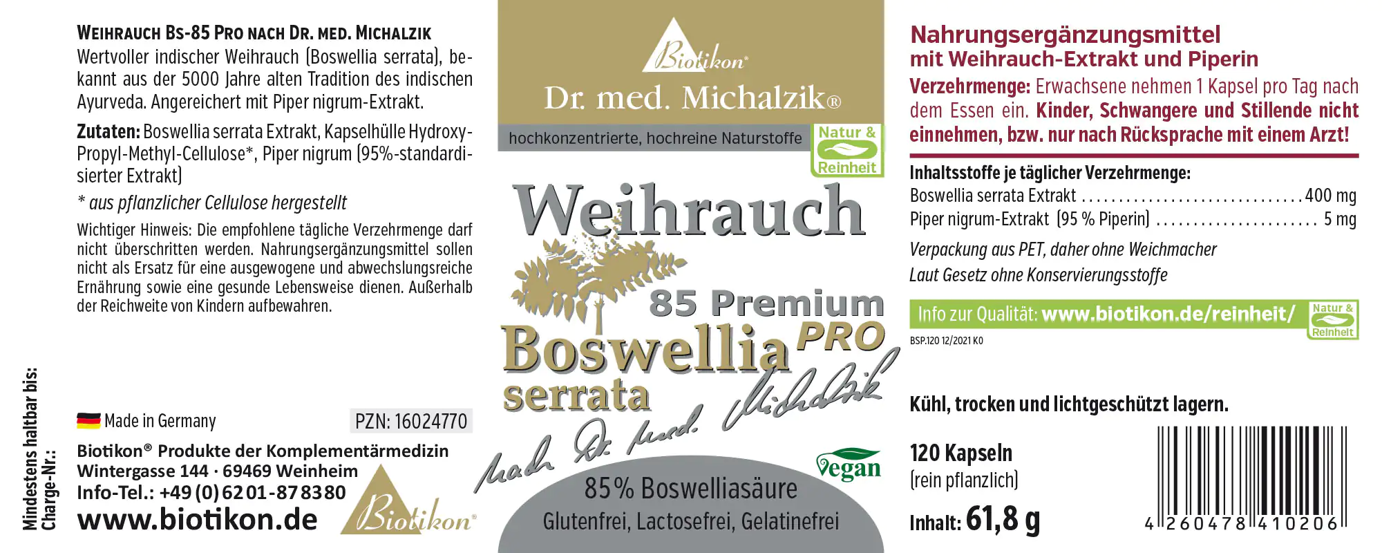Weihrauch 400 mg – 120 Kapseln Nahrungsergänzungsmittel mit Weihrauch-Extrakt, 120 Kapseln in PET-Verpackung, vegan und glutenfrei.