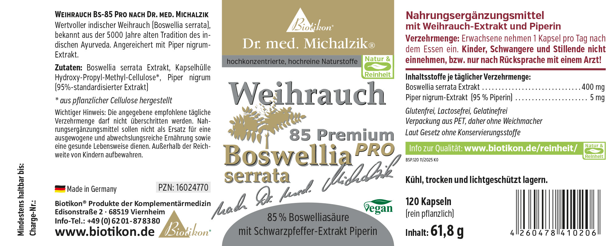 Weihrauch 400 mg – 120 Kapseln Nahrungsergänzungsmittel mit Weihrauch-Extrakt, 120 Kapseln in PET-Verpackung, vegan und glutenfrei.