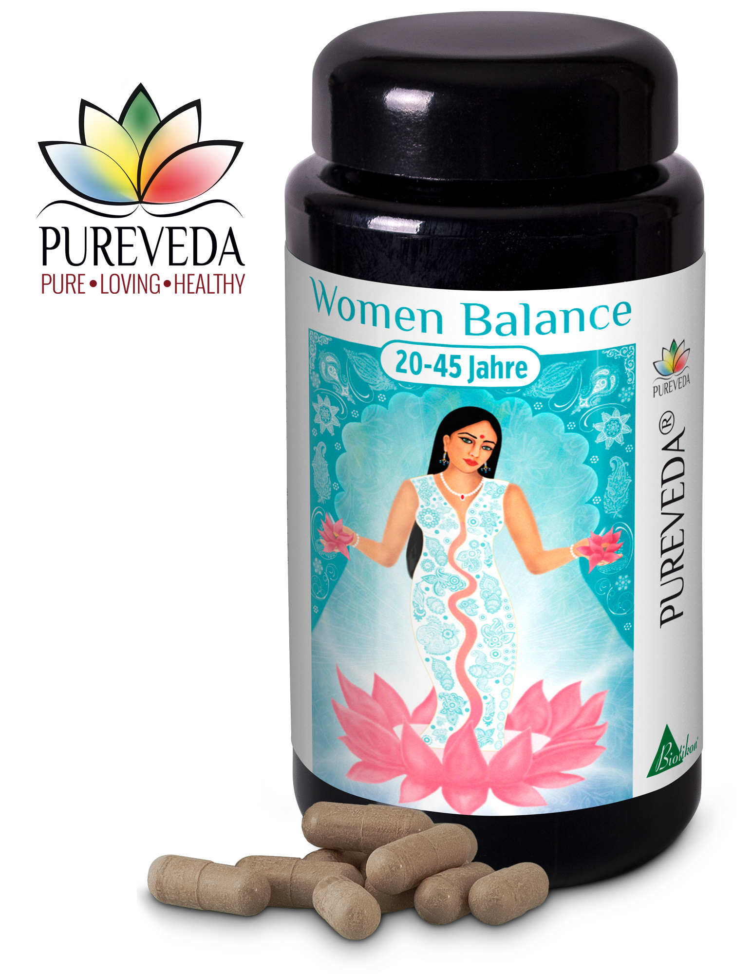 Women Balance 20-45 Jahre – Kapseln Kapseln für Frauen im Alter von 20-45 Jahren in einer schwarzen Flasche, mit einigen Kapseln daneben.