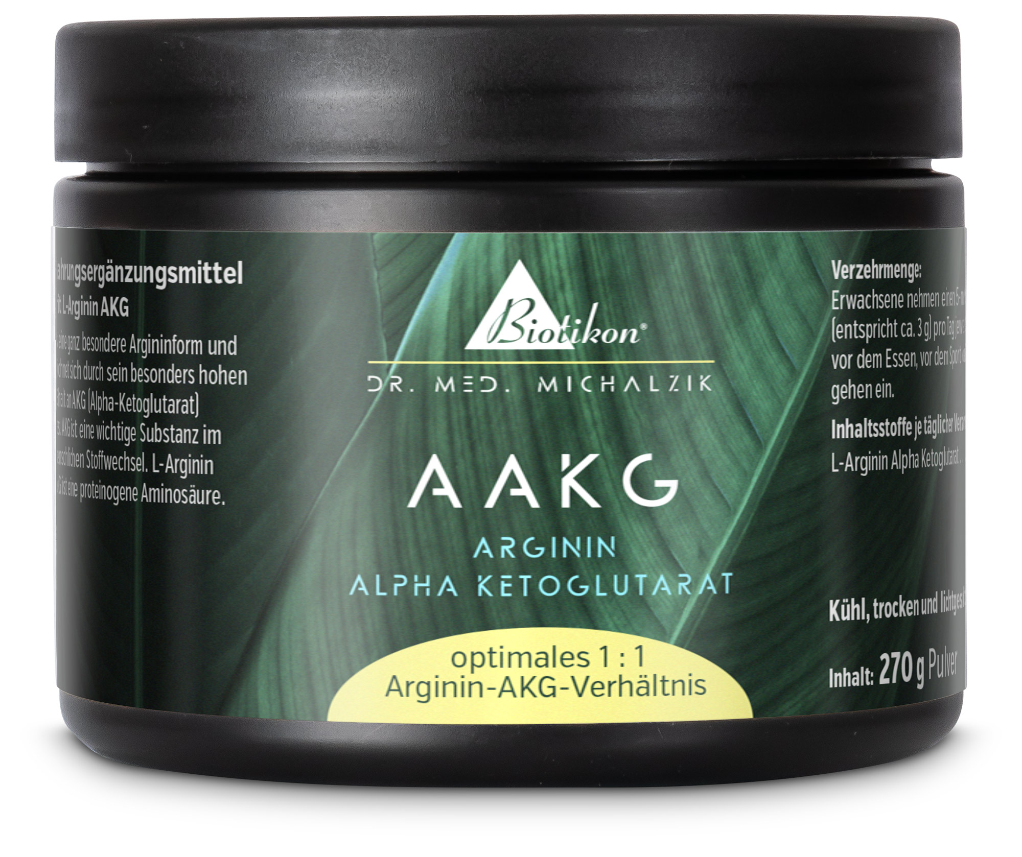 AAKG Arginin Alpha Ketoglutarat – 270 g Pulver Pulver für AAKG mit 270 g Inhalt in schwarzer Dose, leicht herausnehmbar, grüne Akzentfarbe.