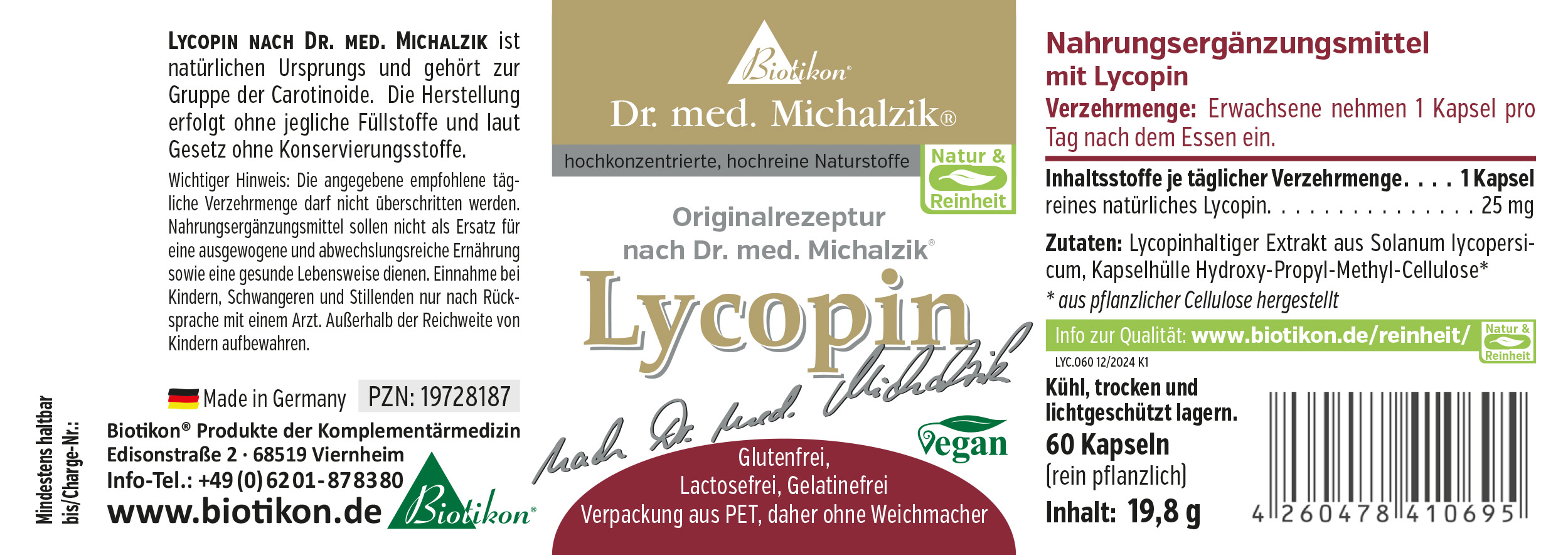 Lycopin 25 mg – 60 Kapseln Lycopin Nahrungsergänzungsmittel, 60 Kapseln in PET-Verpackung, vegan, naturbelassen.