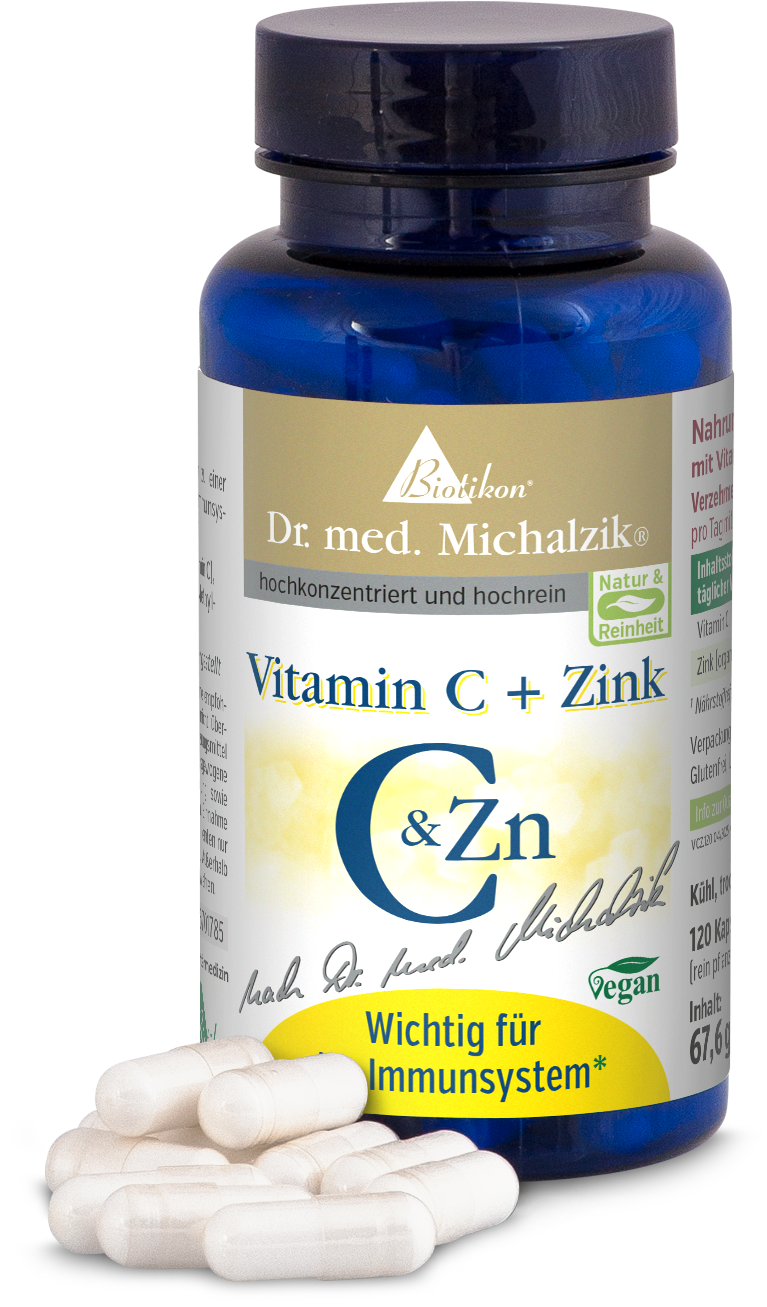 Vitamin C + Zink – 120 Kapseln Blaue Flasche mit 120 veganen Kapseln, Vitamin C und Zink, Kapseln auf einem weißen Untergrund.