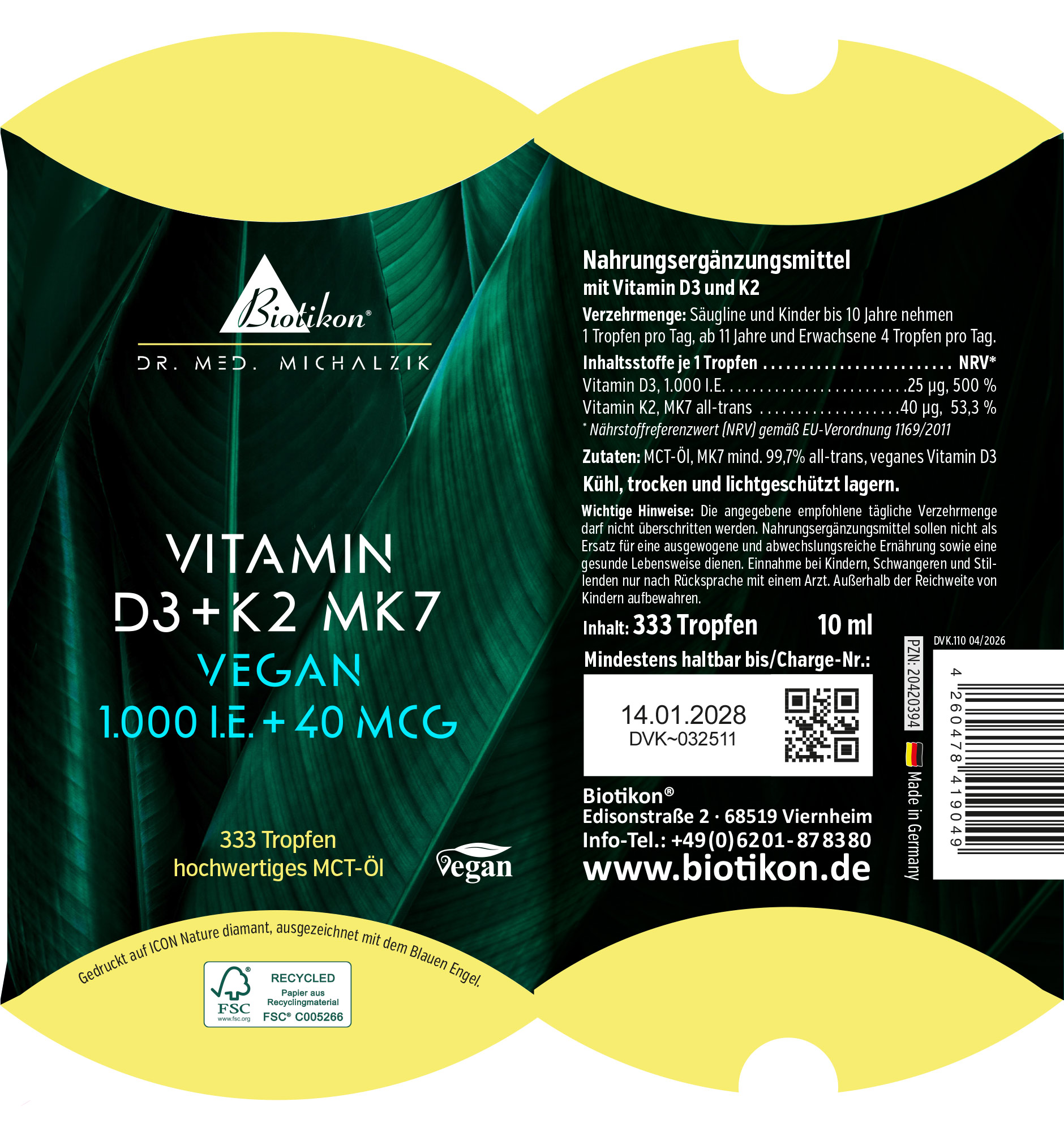 Nahrungsergänzungsmittel mit Vitamin D3 und K2, 333 Tropfen, 10 ml, grüne Verpackung, vegan, Sicht von vorne.