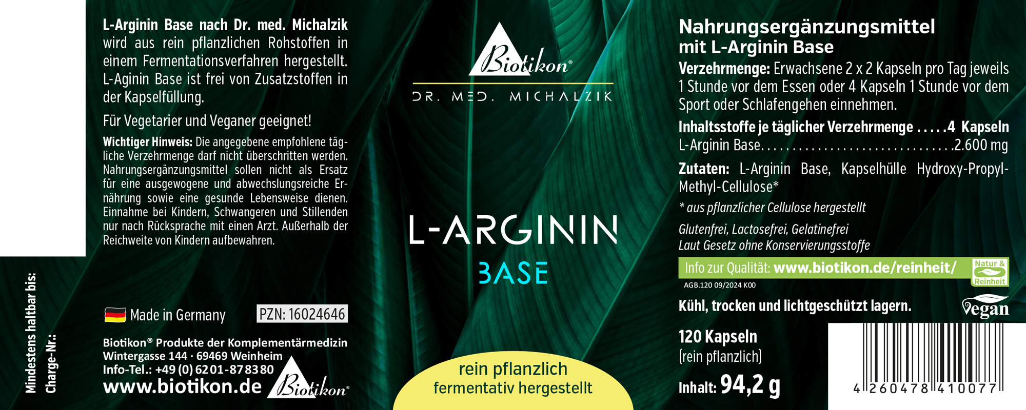 L-Arginin Base 2.600 mg – 120 Kapseln Nahrungsergänzungsmittel L-Arginin Base, 120 Kapseln in dunkler Verpackung, vegan und rein pflanzlich.