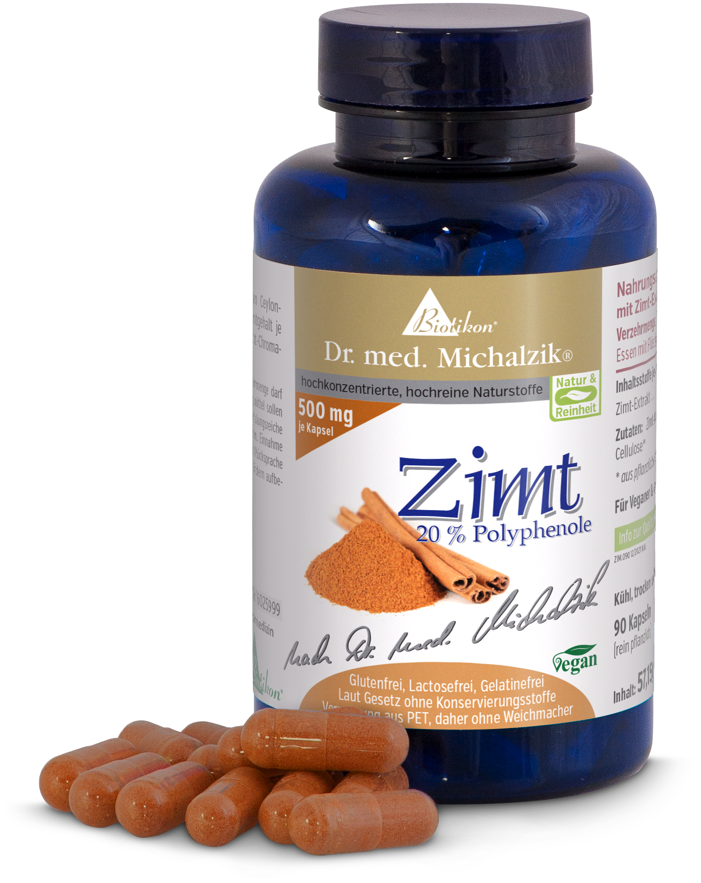 Zimt 500 mg – Kapseln Blaue Flasche mit 90 Zimt-Kapseln, braune Kapseln, vegane Formulierung.