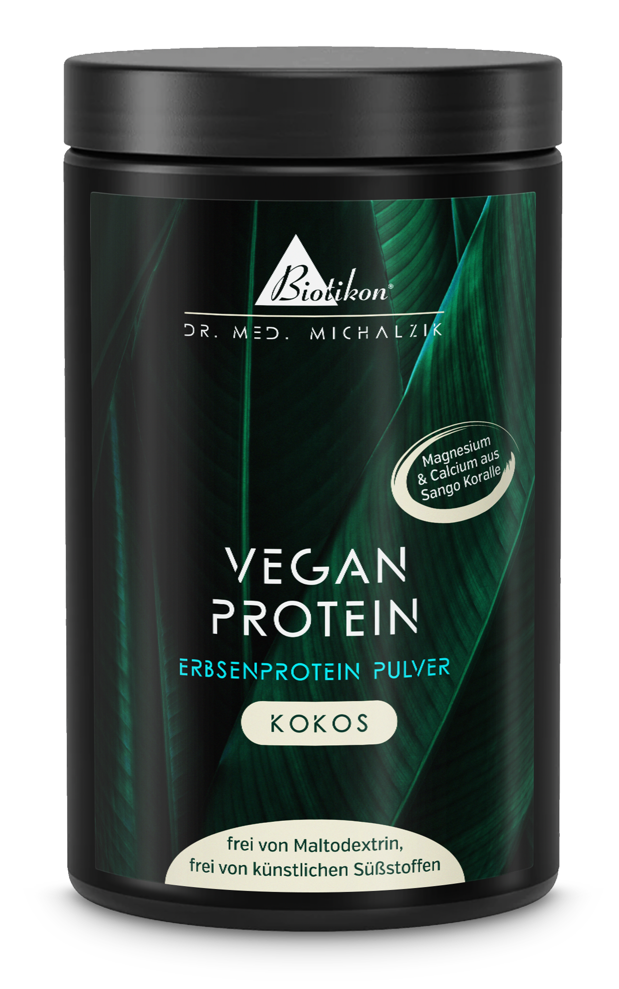 Weißes Pulverbehältnis mit Kokos Pflanzenprotein, 500 g, klare Sicht, neutrale Verpackung.
