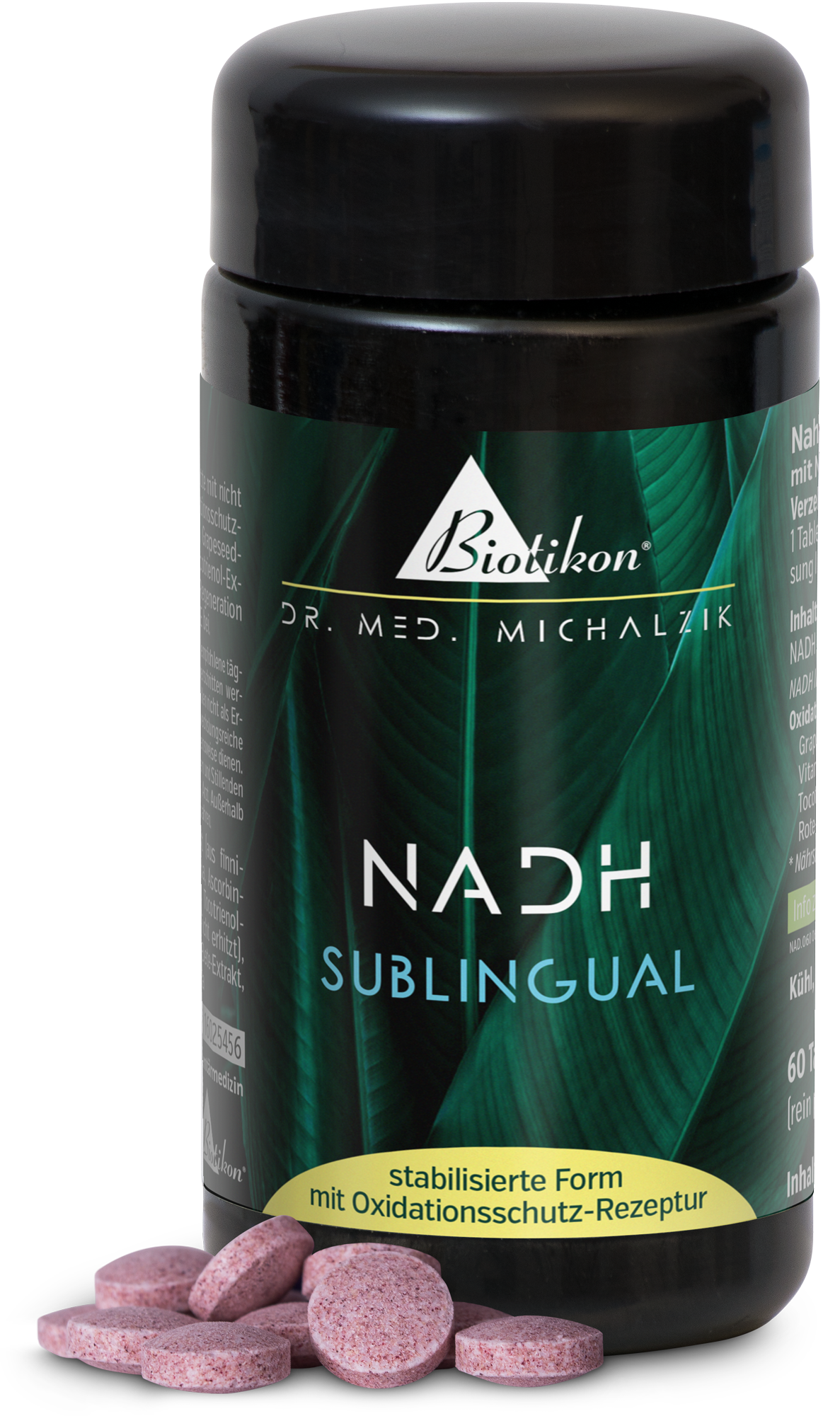 NADH sublingual – 60 Tabletten NADH sublinguale Tabletten in einer schwarzen Flasche, enthält 60 pinkfarbene Tabletten, vegan und glutenfrei, auf einem weißen Hintergrund.