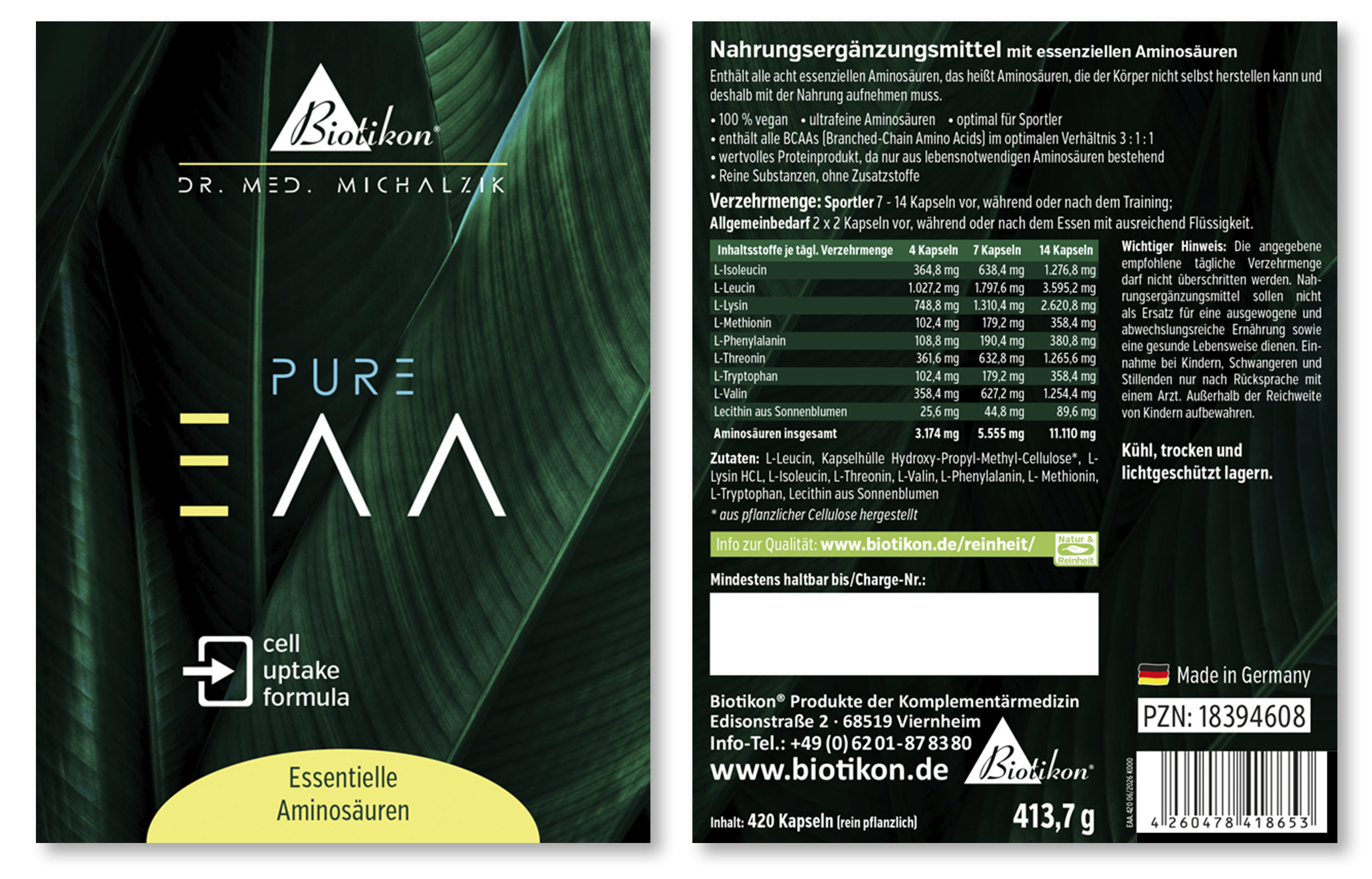 Packung essenzieller Aminosäuren in Kapseln, 420 Stück, grüne Verpackung, Vorder- und Rückseite sichtbar.