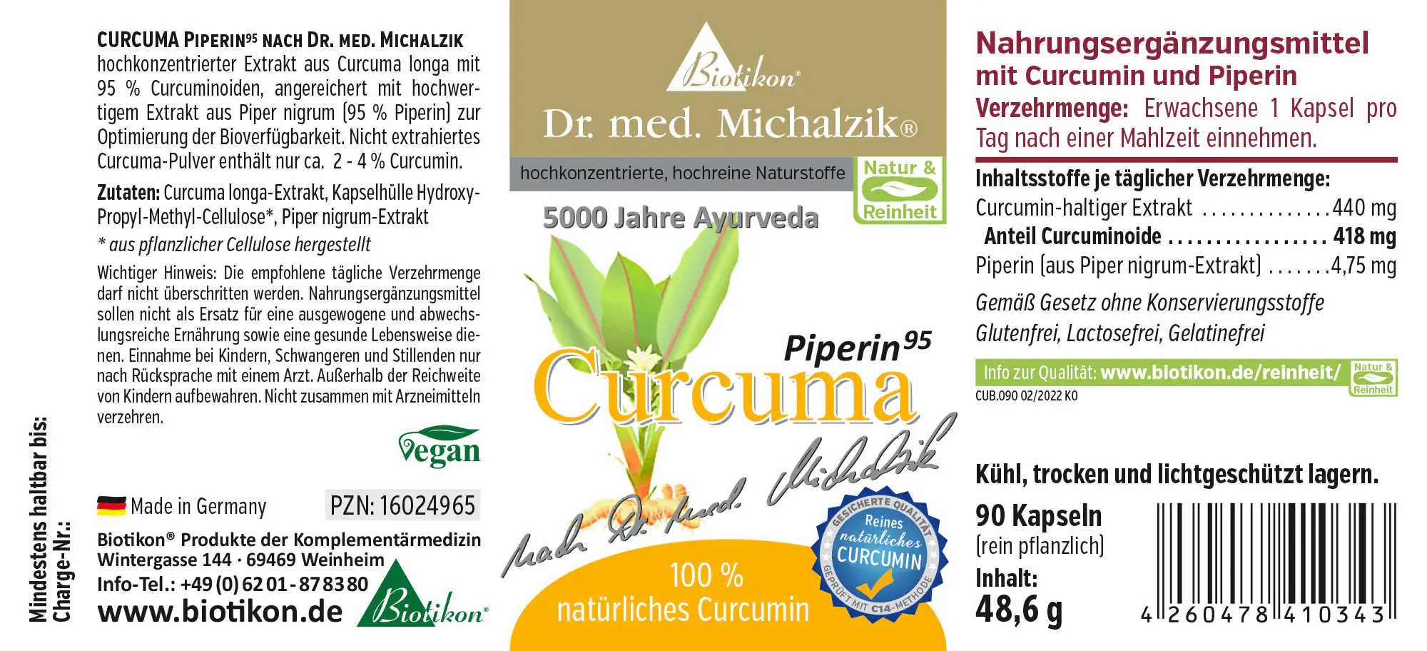 Curcuma Piperin95 – 90 Kapseln Nahrungsergänzungsmittel mit Curcuma und Piperin, 90 pflanzliche Kapseln, grün-weiße Verpackung, seitliche Ansicht.