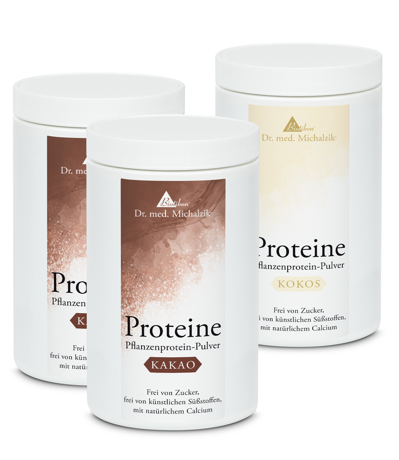 Pflanzenprotein-Pulver 300 g – Kakao und Kokos Drei Dosen Pflanzenprotein-Pulver in den Geschmacksrichtungen Kakao und Kokos, jeweils 300 g, in weißer Verpackung.