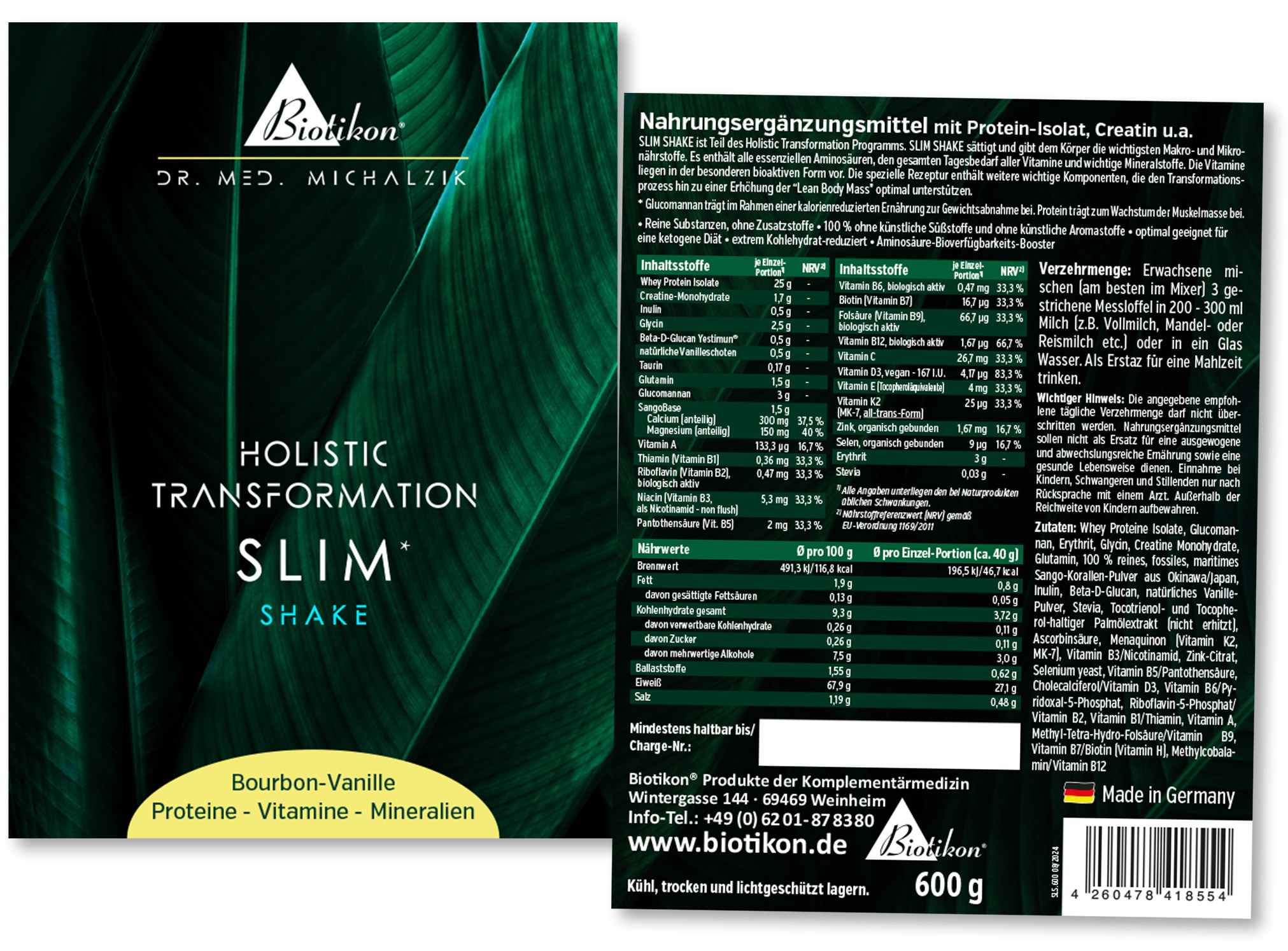 Slim Shake 600 g – Proteinpulver Bourbon-Vanille Slim Shake Proteinpulver in der Geschmacksrichtung Bourbon-Vanille, 600 g Verpackung, grüne Verpackung mit Nährwerttabelle.