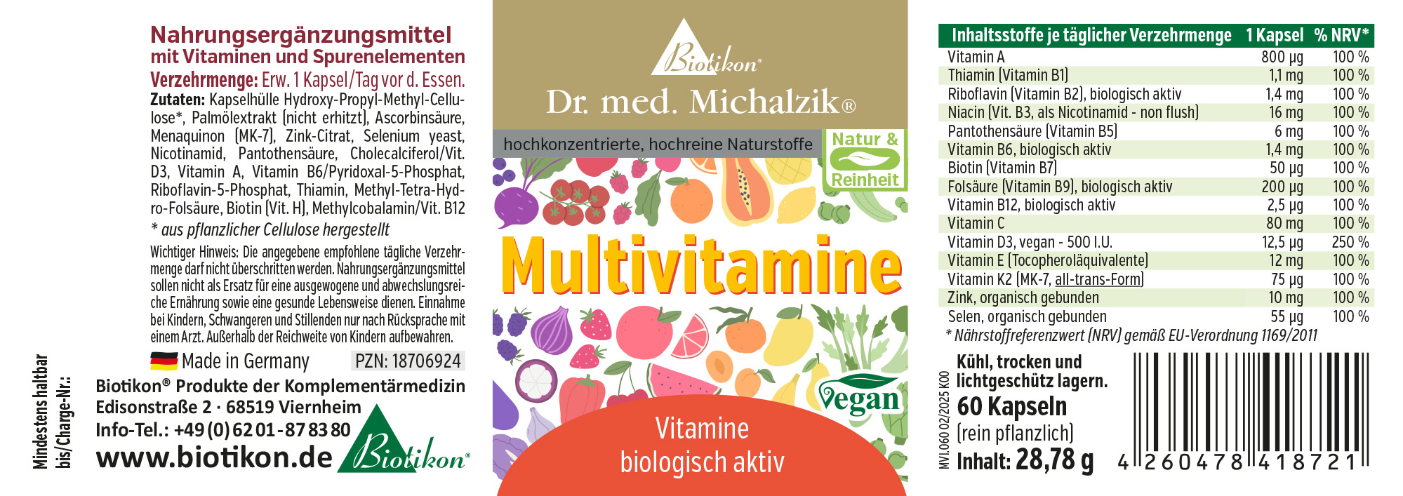 Multivitamine 60 Kapseln – biologisch aktiv Verpackung mit 60 Kapseln des Nahrungsergänzungsmittels Multivitamine, vegan, farbenfrohes Design, frontale Ansicht.