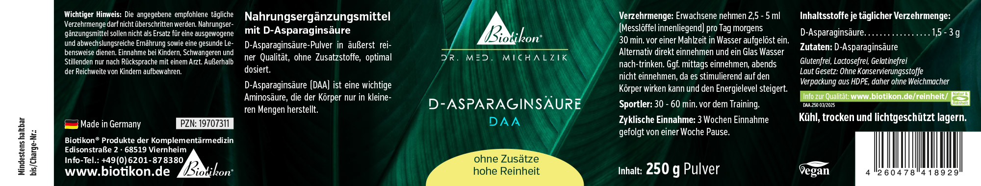 D-Aspartaminsäure 250 g – Pulver D-Aspartaminsäure Pulver in 250 g Packung, grünlich schwarz, Sicht auf die Schachtel mit Dosieranleitung.