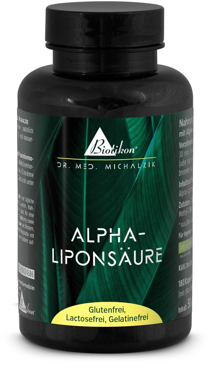 Alpha-Liponsäure 180 Kapseln – Nahrungsergänzung Blaue Flasche mit 180 gelben Kapseln, vegan, glutenfrei, Seitenansicht.