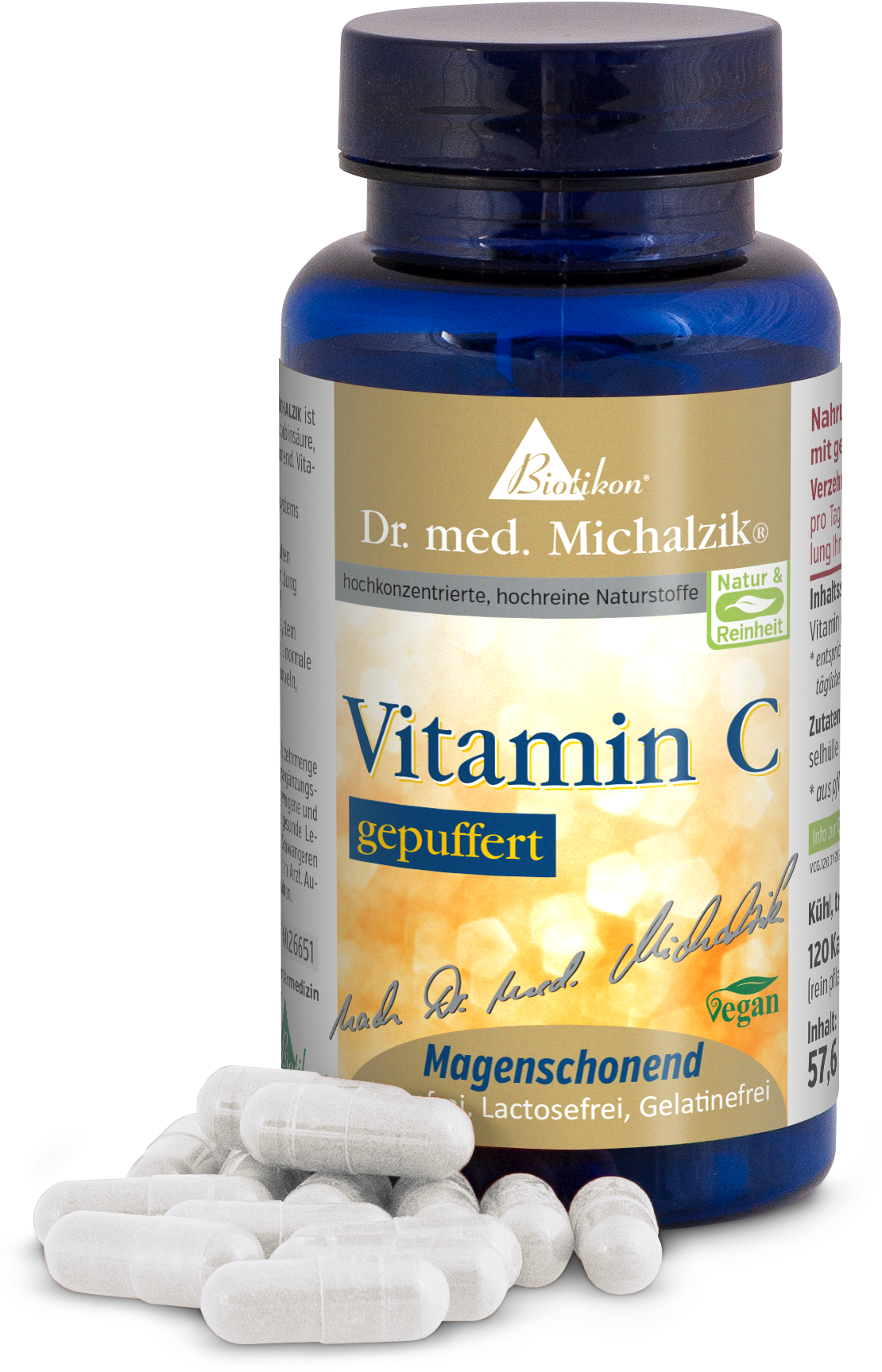 Vitamin C gepuffert – 120 Kapseln Blaue Flasche mit 120 gepufferten Vitamin C Kapseln, transparent, vegan und magenschonend.
