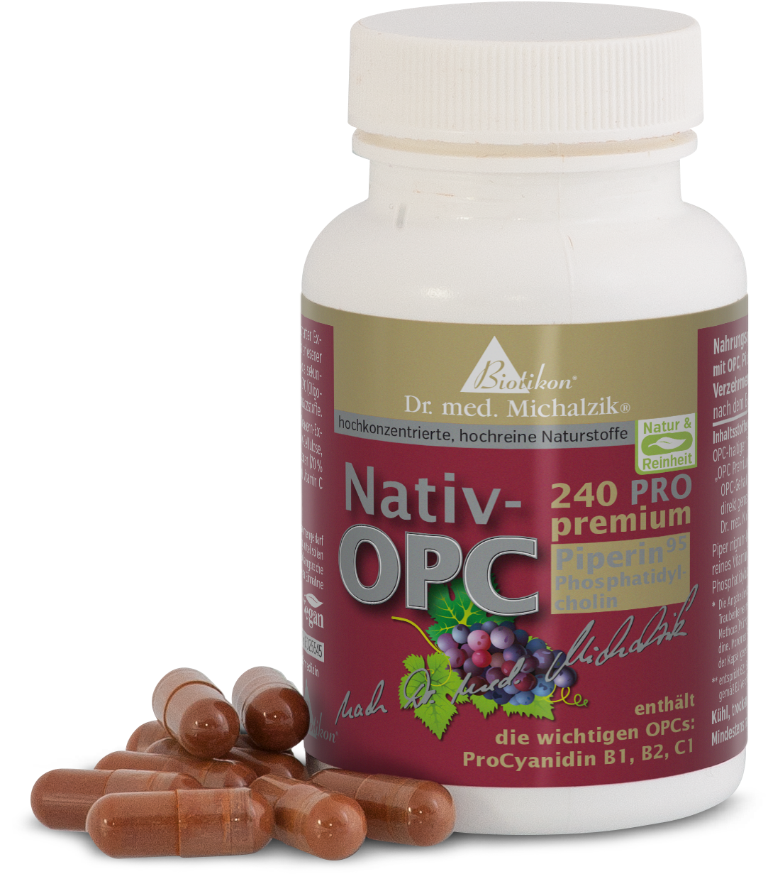 Nativ-OPC 240 – Kapseln Flasche mit Nativ-OPC Kapseln, braune Kapsel, 240 Stück, beschriftet auf rotem Hintergrund.