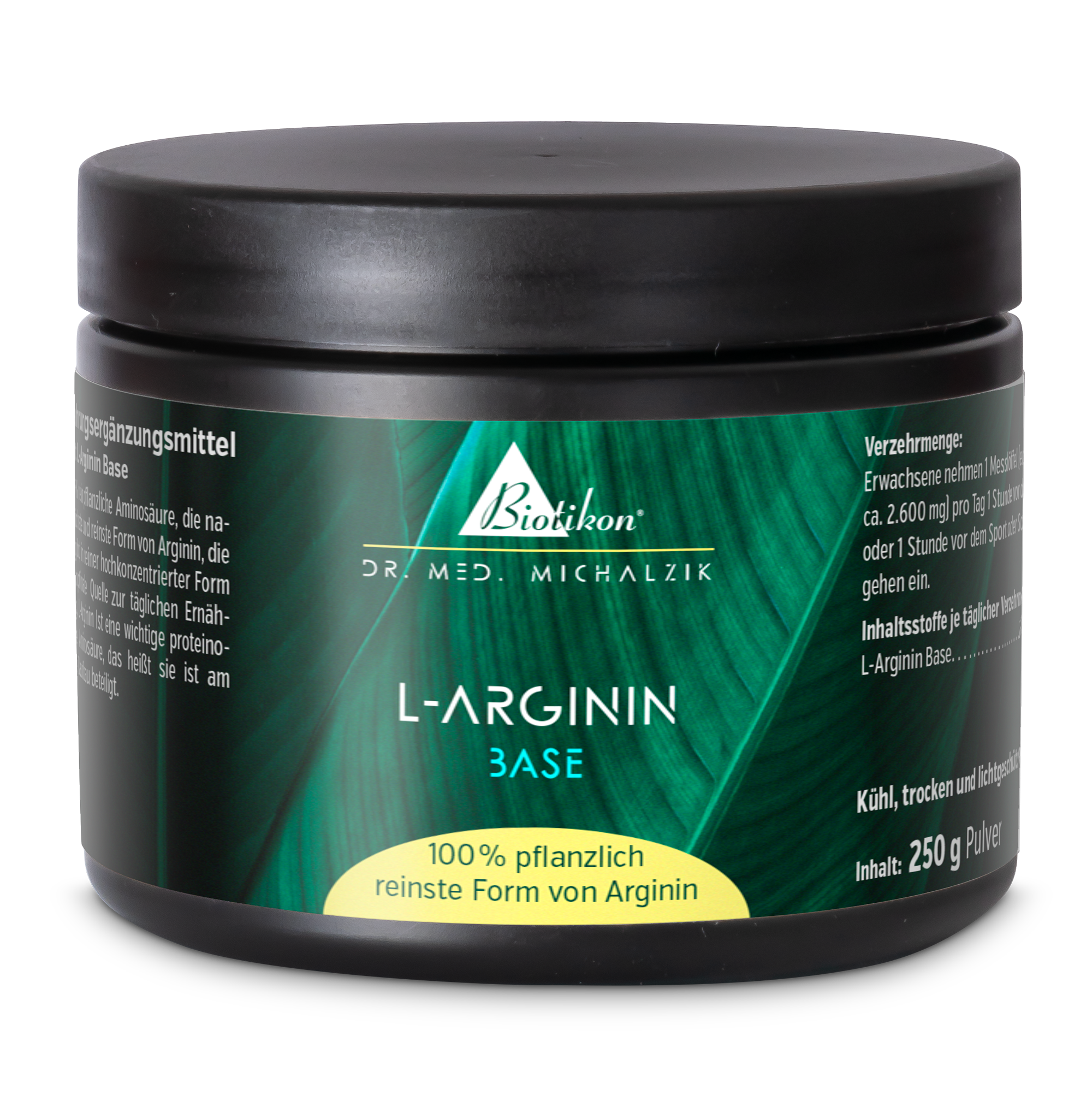 L-Arginin Base 250 g – Pulver L-Arginin Nahrungsergänzungsmittel, 250 g Pulver in schwarzem Behälter, Vorderansicht.