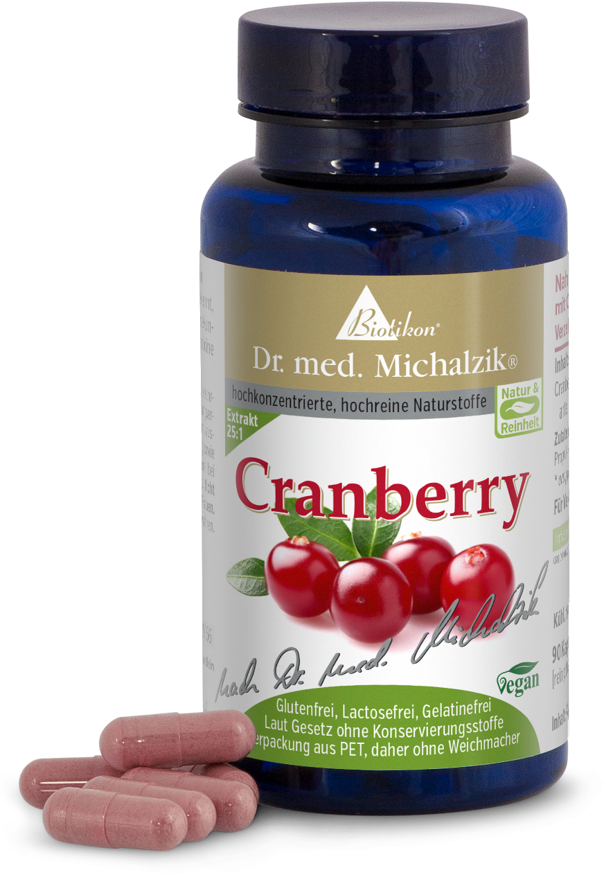 Cranberry 1000 mg – Kapseln Cranberry Kapseln in einer blauen Flasche, 120 Stück, mit pinken Kapseln in der Vordergrund.
