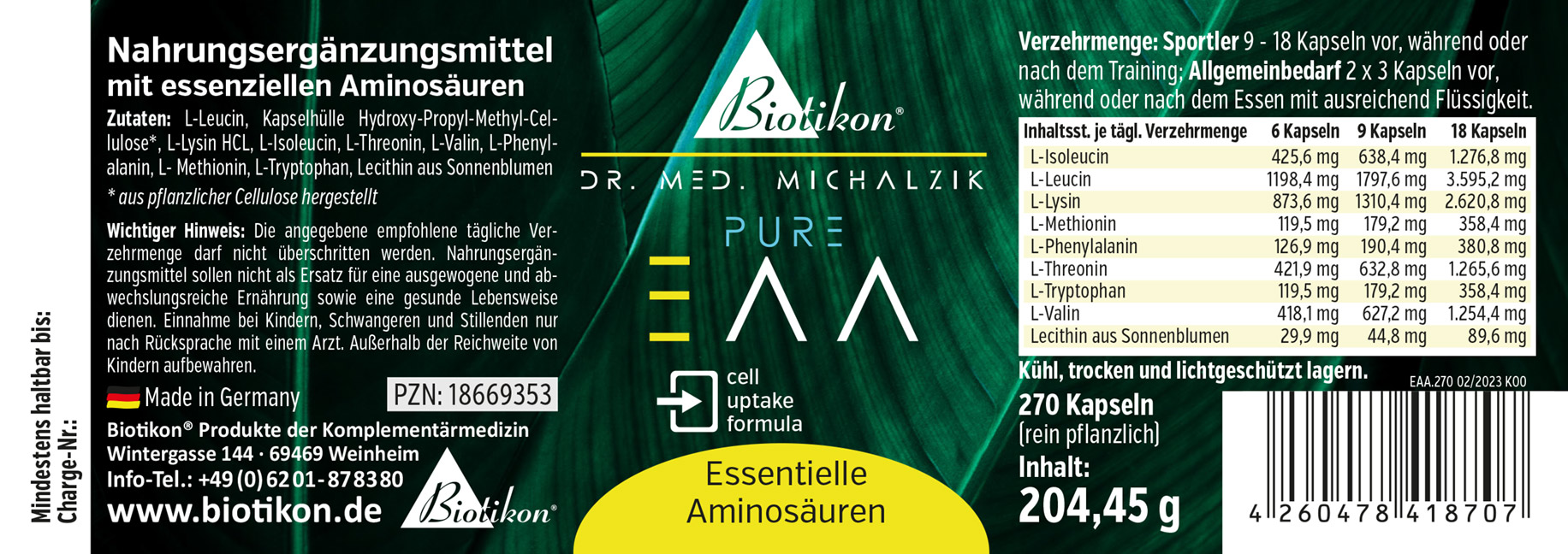 Essentielle Aminosäuren 270 Kapseln Verpackung mit 270 pflanzlichen Kapseln für essentielle Aminosäuren, grün, frontal dargestellt.