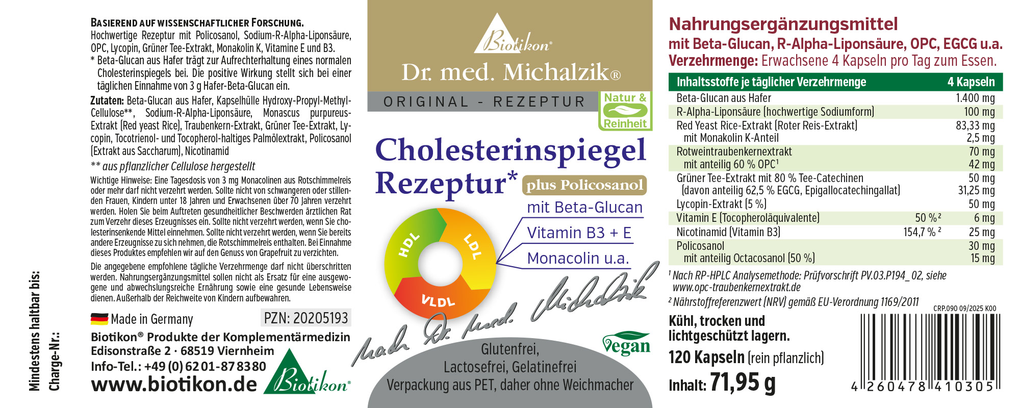 Nahrungsergänzungsmittel in Kapseln, 120 Stück, rot-grün-gelbes Verpackungsdesign, vegan, Inhaltsstoffe sichtbar.