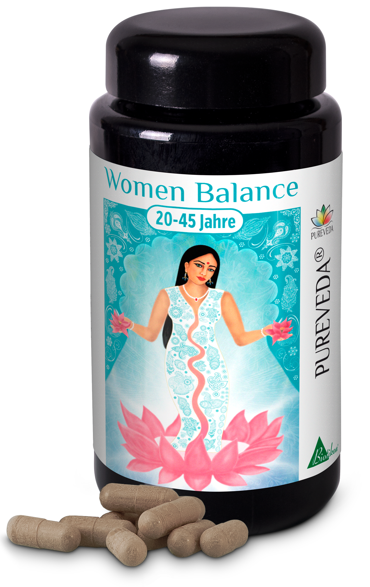Women Balance 20-45 Jahre – Kapseln Schwarze Flasche mit Kapseln, Frauenbalance, 20-45 Jahre, farbige Abbildung einer Frau mit Blumenmotiv.