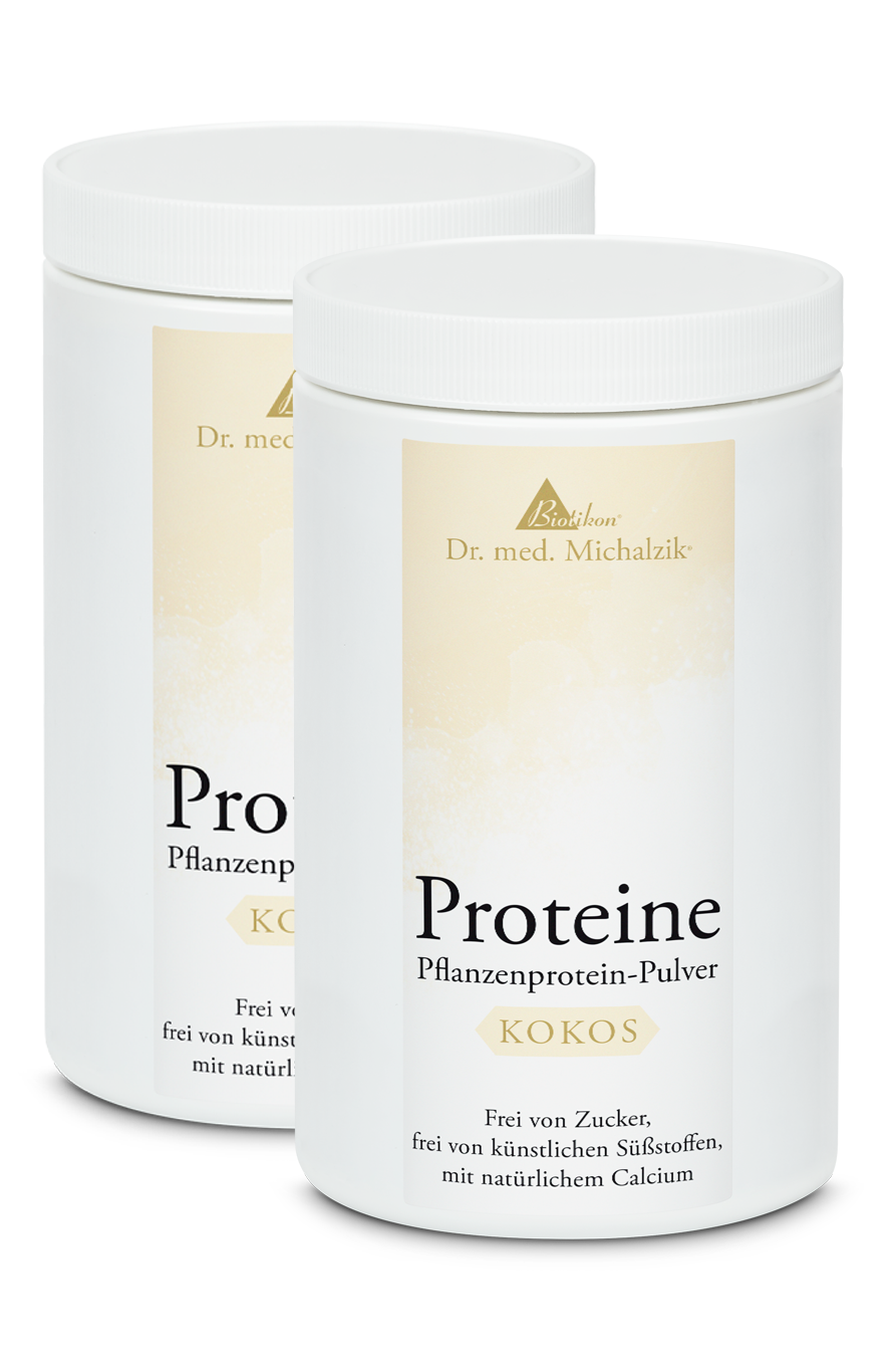 Pflanzenprotein-Pulver Kokos – 2 x 400 g Zwei Dosen Pflanzenprotein-Pulver mit Kokosgeschmack, jeweils 400 g, in weißer Verpackung.