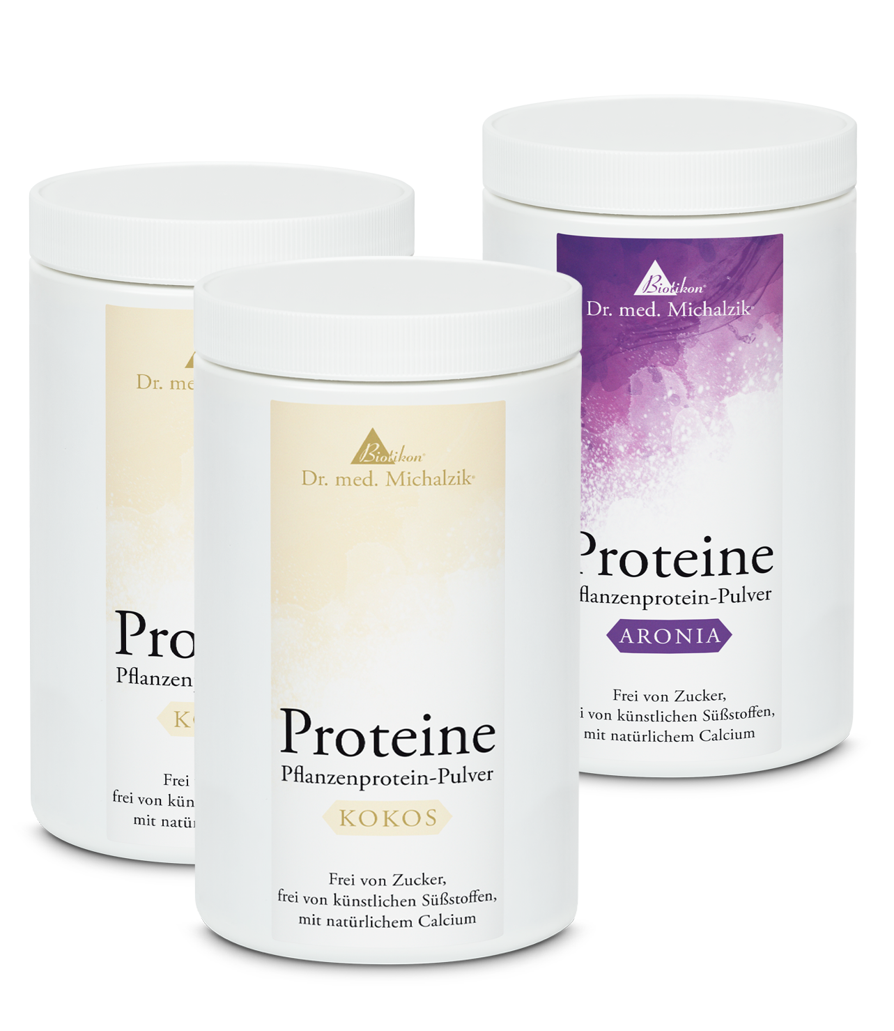 Pflanzenprotein-Pulver 300 g – Kokos, Aronia Drei Dosen Pflanzenprotein-Pulver in Weiß, mit Kokos- und Aronia-Geschmack, je 300 g.