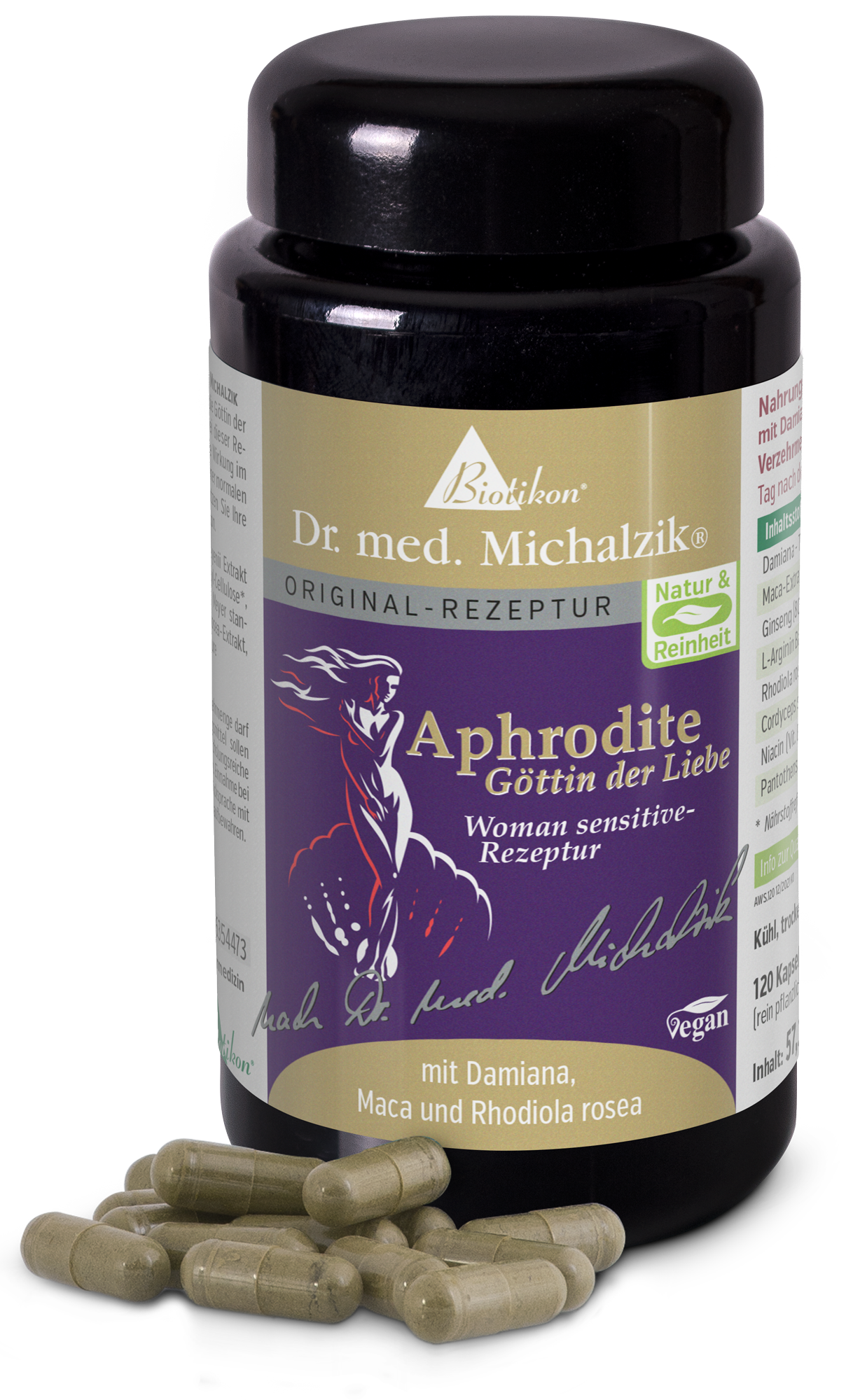 Aphrodite 120 Kapseln – mit Damiana, Maca Schwarze Flasche mit 120 veganen Kapseln, farbige Etikettierung, Produktdetails sichtbar.