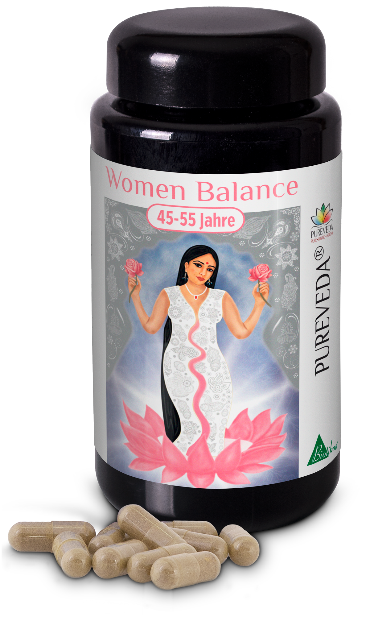 Women Balance Kapseln – 45-55 Jahre Frauen Balance Kapseln, 60 Stück in schwarzer Flasche, beige Kapseln sichtbar, mit floralem Design.