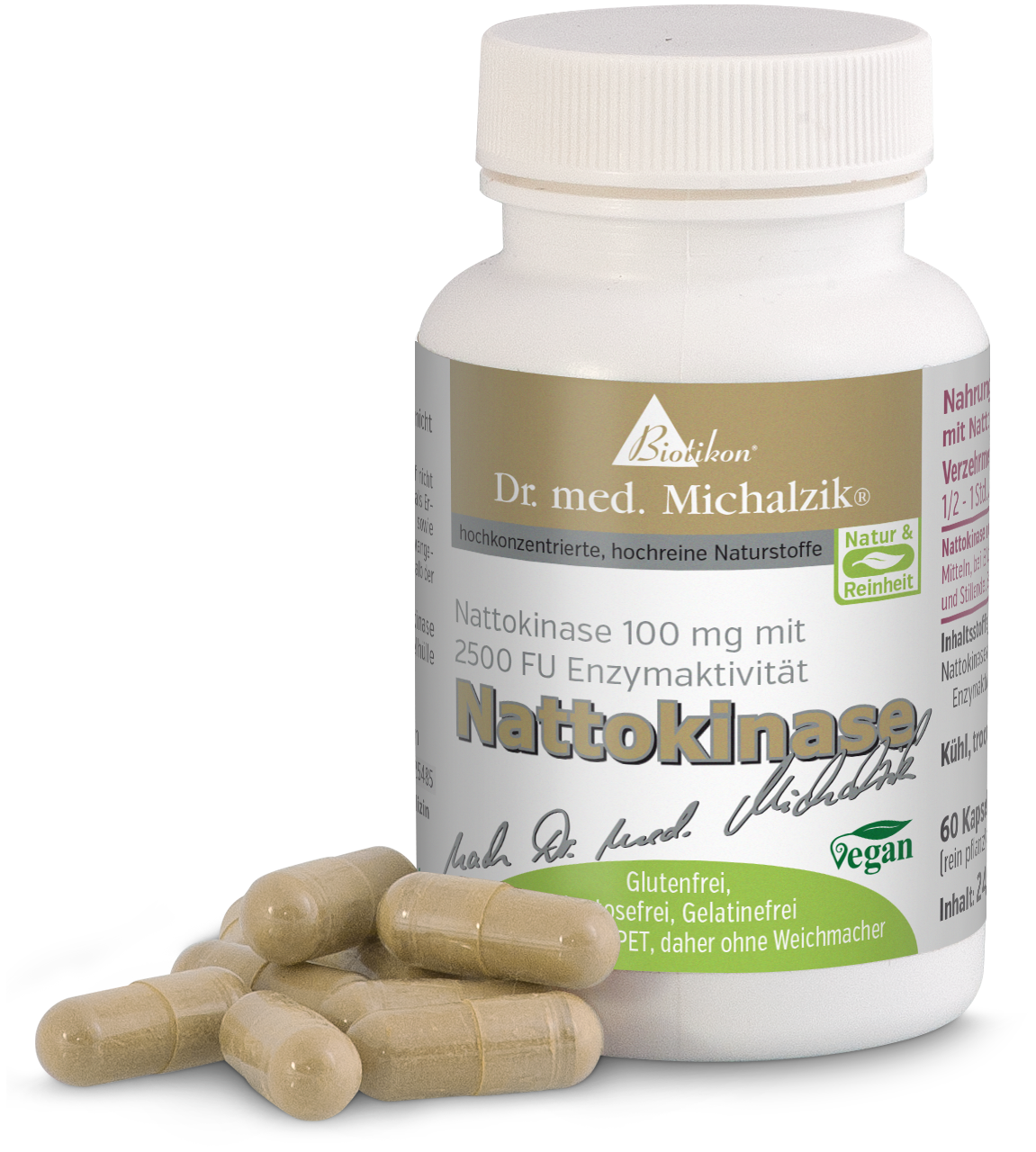 Nattokinase 100 mg – 60 Kapseln Nattokinase-Kapseln, 100 mg, in transparenter Flasche, beige-goldene Kapseln, 60 Stück.