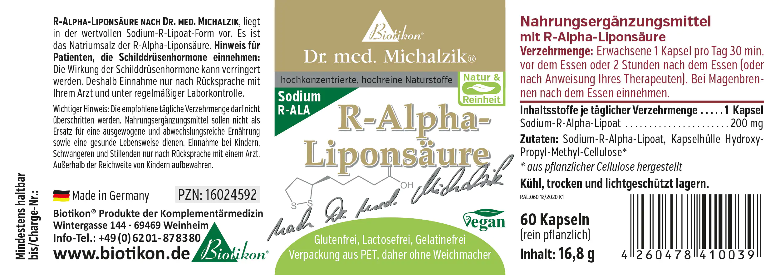 R-Alpha-Liponsäure 200 mg – Kapseln Nahrungsergänzungsmittel R-Alpha-Liponsäure in Kapseln, 60 Stück, Verpackung aus PET, grün/weiß