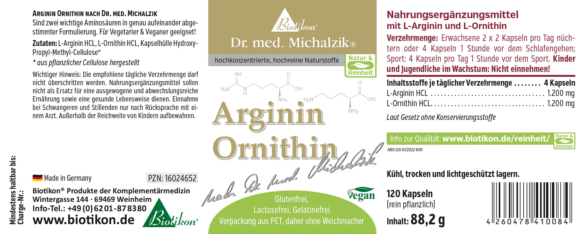 Arginin Ornithin 120 Kapseln Nahrungsergänzungsmittel mit L-Arginin und L-Ornithin, 120 Kapseln in PET-Verpackung, vegan und ohne Konservierungsstoffe.