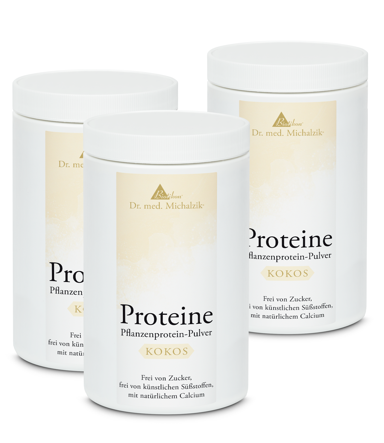 Pflanzenprotein-Pulver Kokos – 600 g Drei weiße Dosen mit Pflanzenprotein-Pulver Kokos, 600 g, auf weißem Hintergrund.