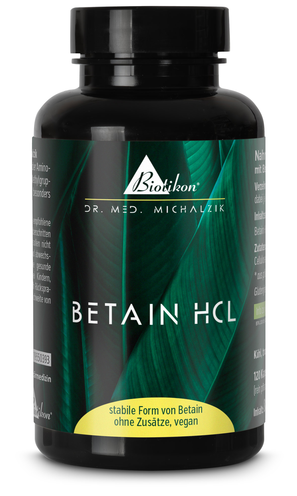 Betain HCL 120 Kapseln – ohne Zusätze Schwarze Kapsel-Flasche mit 120 Kapseln, stabile Form von Betain, vegan, grüne Blattmuster auf dem Etikett.