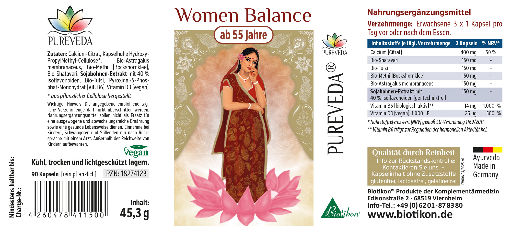 Women Balance 90 Kapseln – Nahrungsergänzungsmittel Verpackung von Women Balance, 90 vegane Kapseln, für Frauen ab 55 Jahren, mit Pflanzenextrakten, farbenfroh gestaltet.
