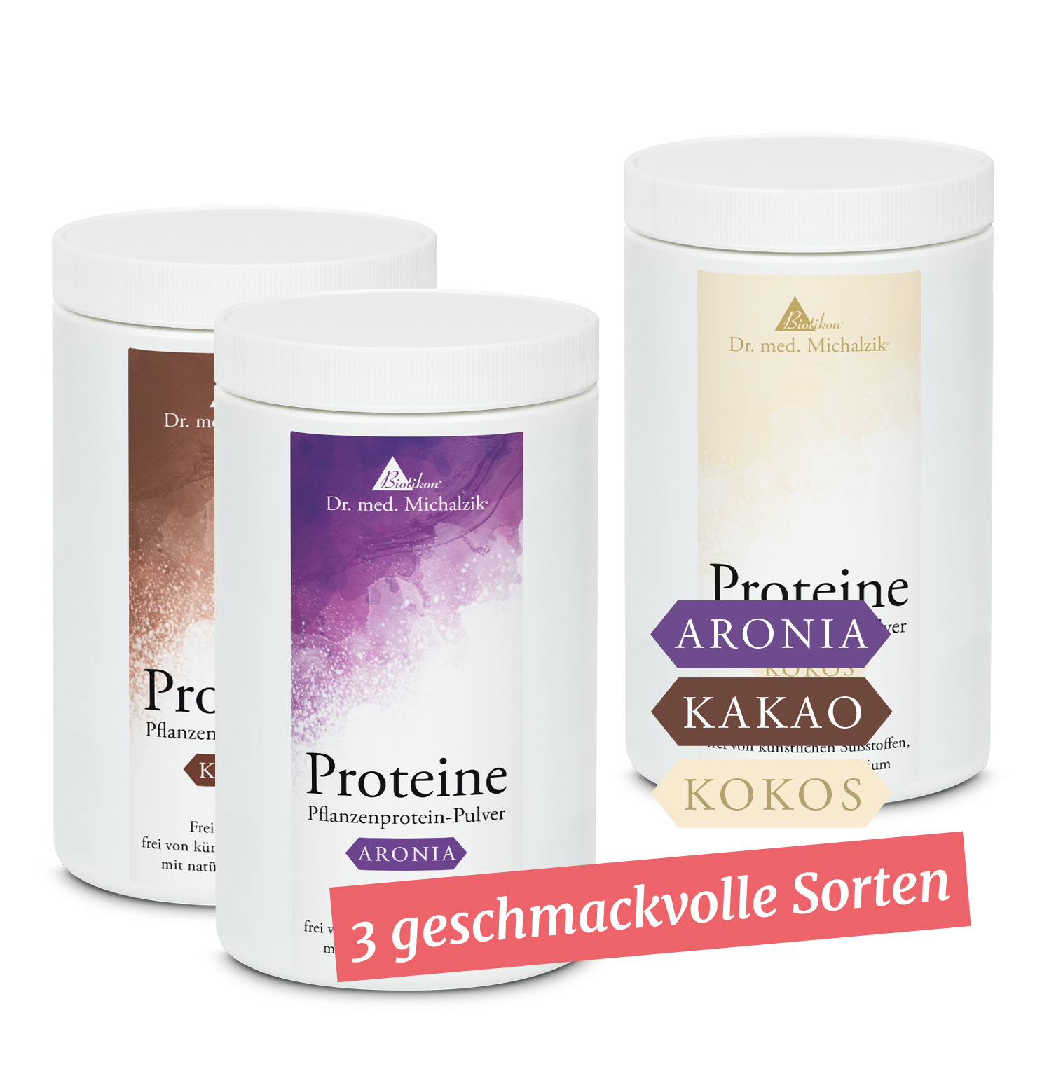 Pflanzenprotein-Pulver – 3 Sorten Drei Dosen Pflanzenprotein-Pulver in Aronia, Kakao und Kokos, verschiedene Farben, Frontansicht.